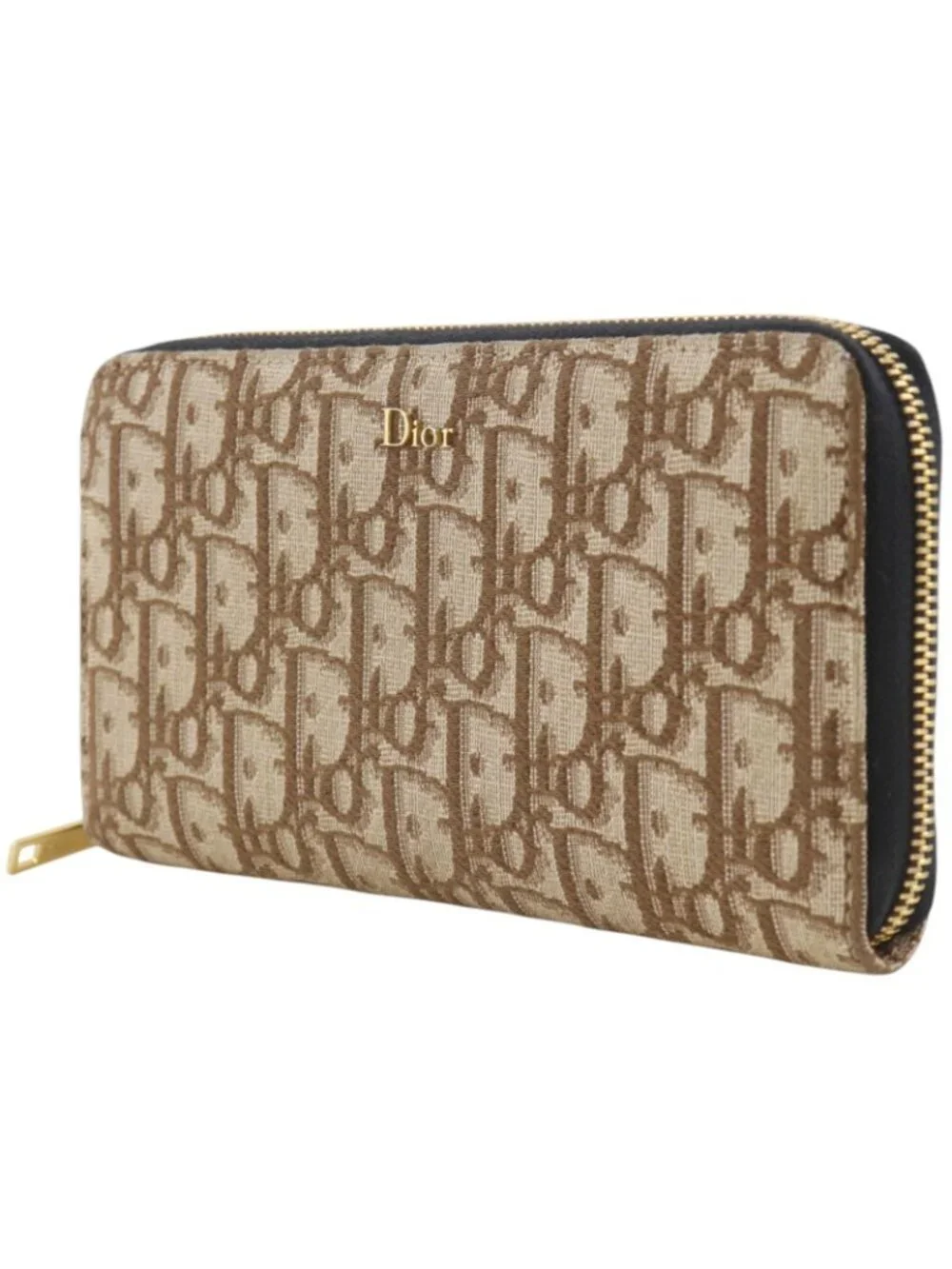 Dior Zip Around Oblique Canvas Brown Wallet